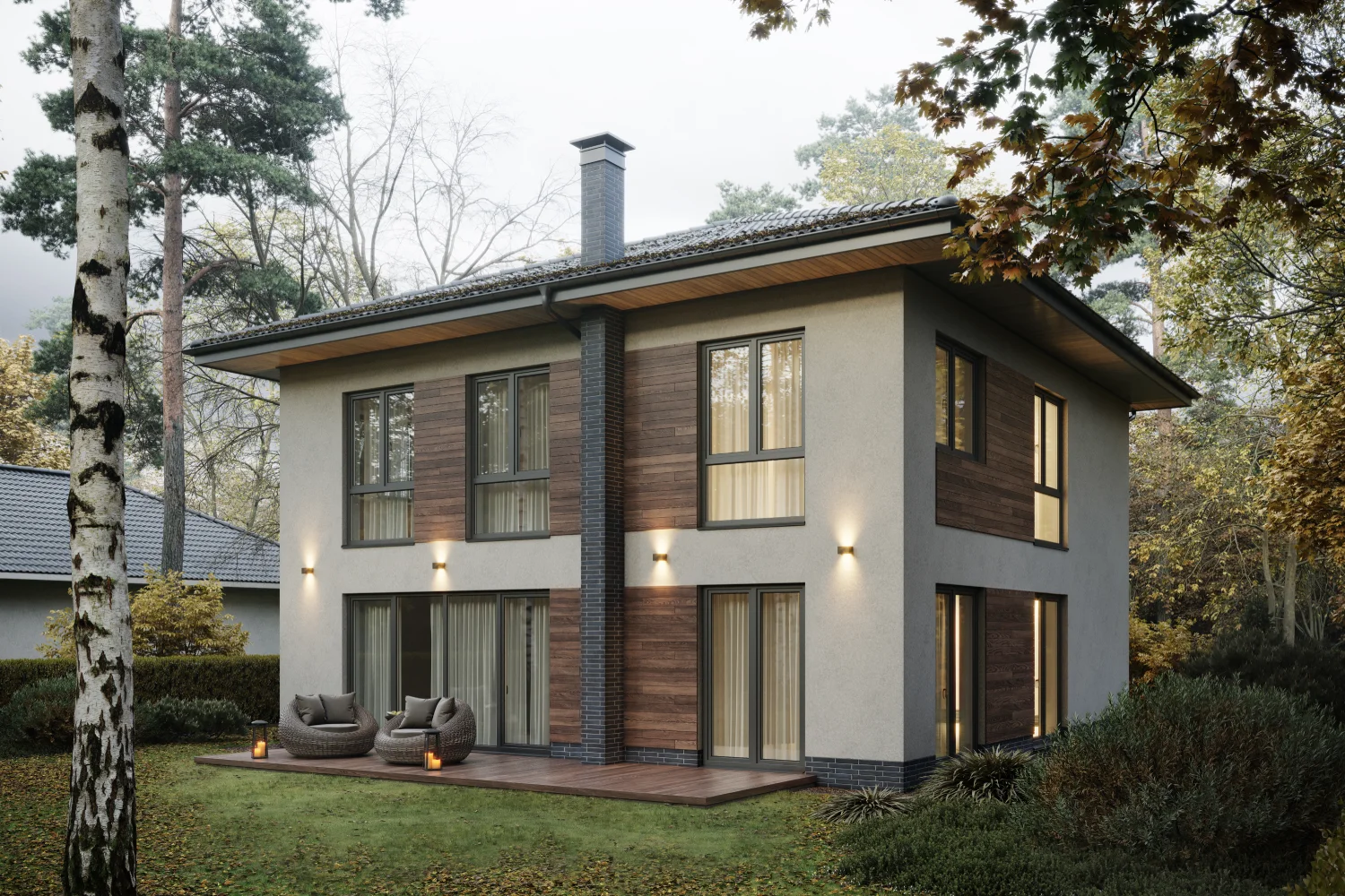 Modern two-story house surrounded by trees