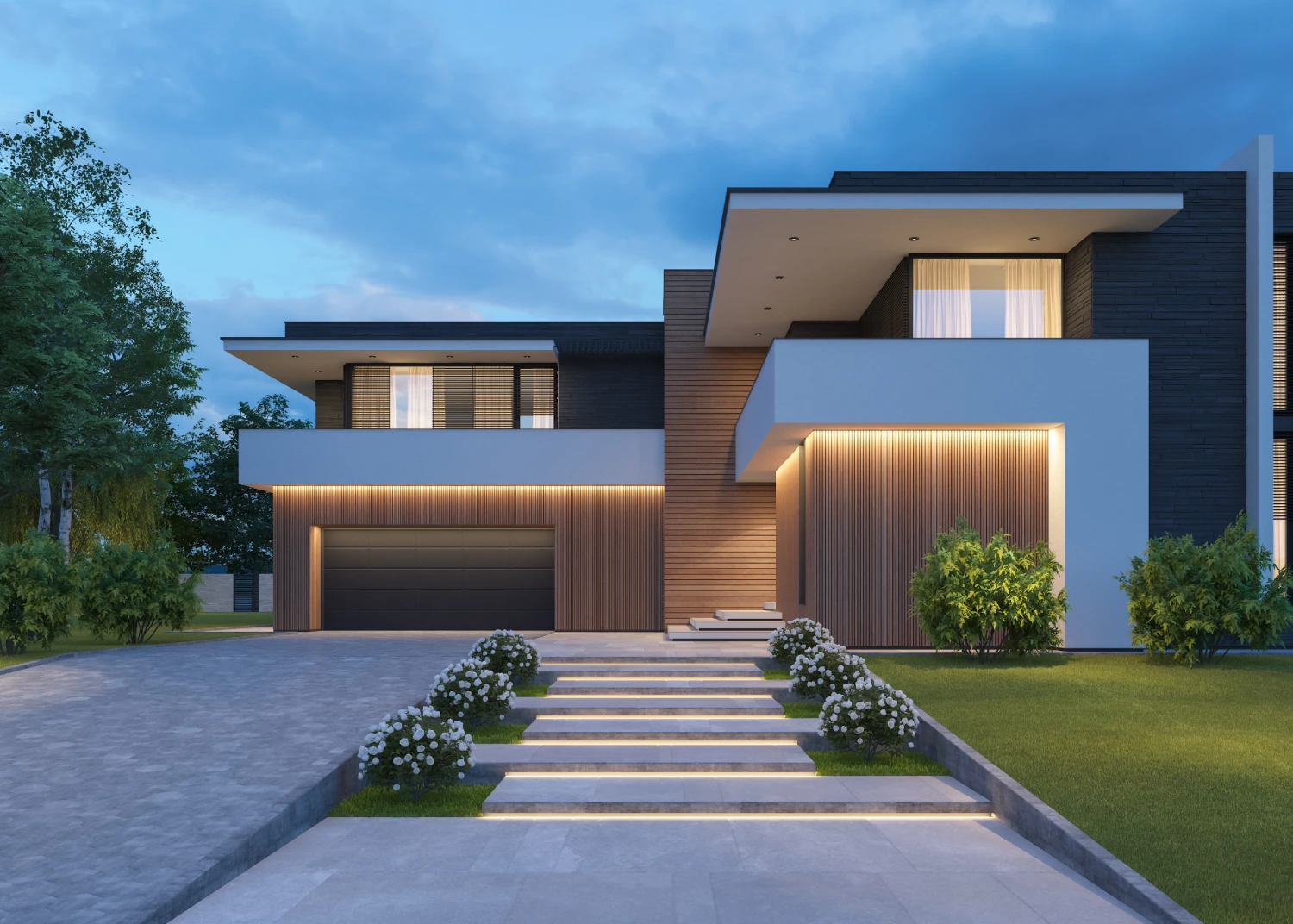 Modern house exterior with evening lighting